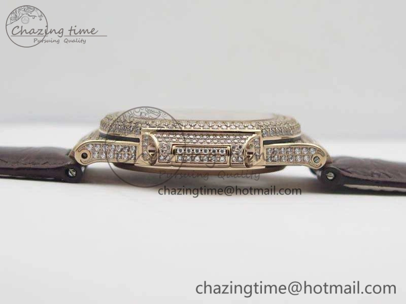 Nautilus Jumbo 5711 Tourbillon RG Full Paved Diamonds White Dial On Brown Croc Leather Strap