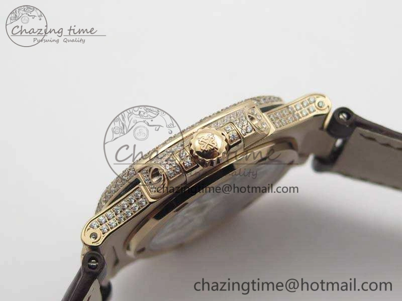 Nautilus Jumbo 5711 Tourbillon RG Full Paved Diamonds White Dial On Brown Croc Leather Strap