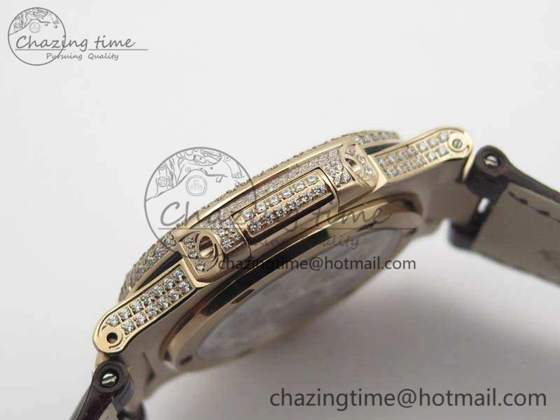 Nautilus Jumbo 5711 Tourbillon RG Full Paved Diamonds White Dial On Brown Croc Leather Strap