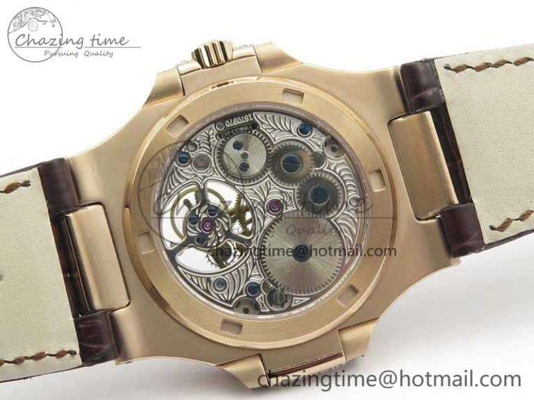 Nautilus Jumbo 5711 Tourbillon RG Full Paved Diamonds White Dial On Brown Croc Leather Strap