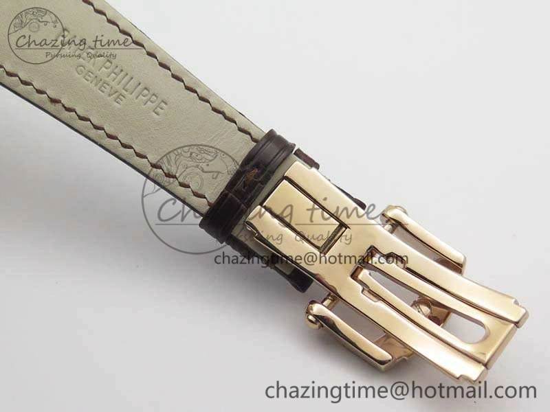 Nautilus Jumbo 5711 Tourbillon RG Full Paved Diamonds White Dial On Brown Croc Leather Strap