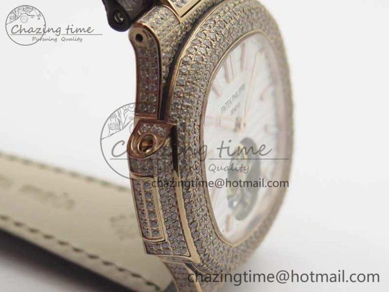 Nautilus Jumbo 5711 Tourbillon RG Full Paved Diamonds White Dial On Brown Croc Leather Strap