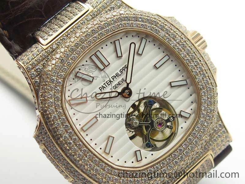 Nautilus Jumbo 5711 Tourbillon RG Full Paved Diamonds White Dial On Brown Croc Leather Strap