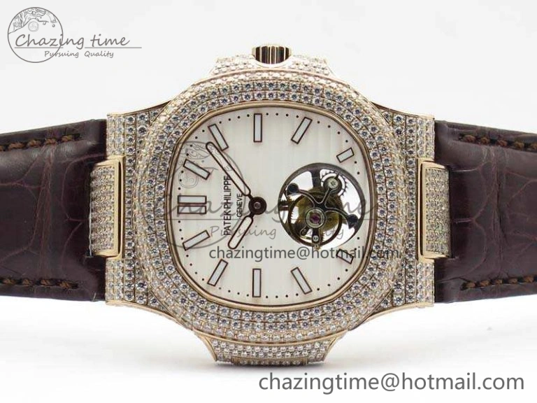 Nautilus Jumbo 5711 Tourbillon RG Full Paved Diamonds White Dial On Brown Croc Leather Strap