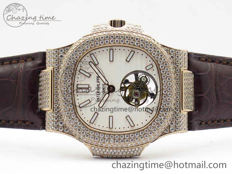 Nautilus Jumbo 5711 Tourbillon RG Full Paved Diamonds White Dial On Brown Croc Leather Strap