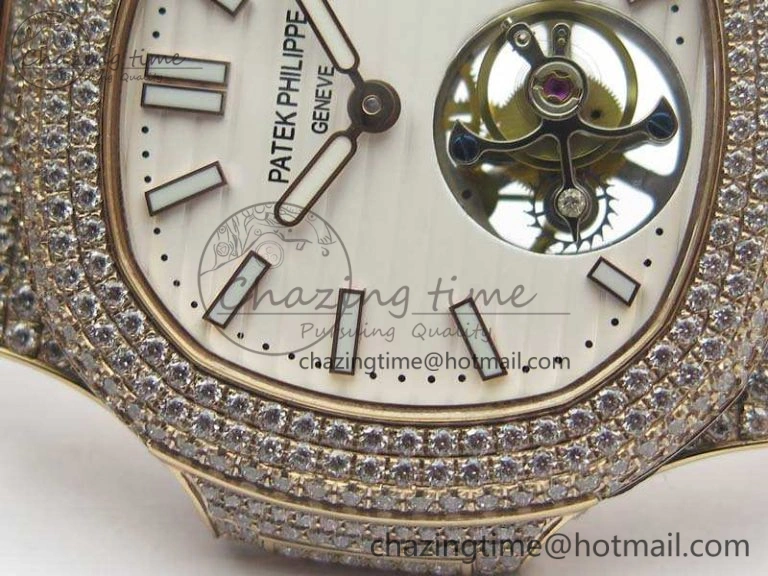 Nautilus Jumbo 5711 Tourbillon RG Full Paved Diamonds White Dial On Brown Croc Leather Strap