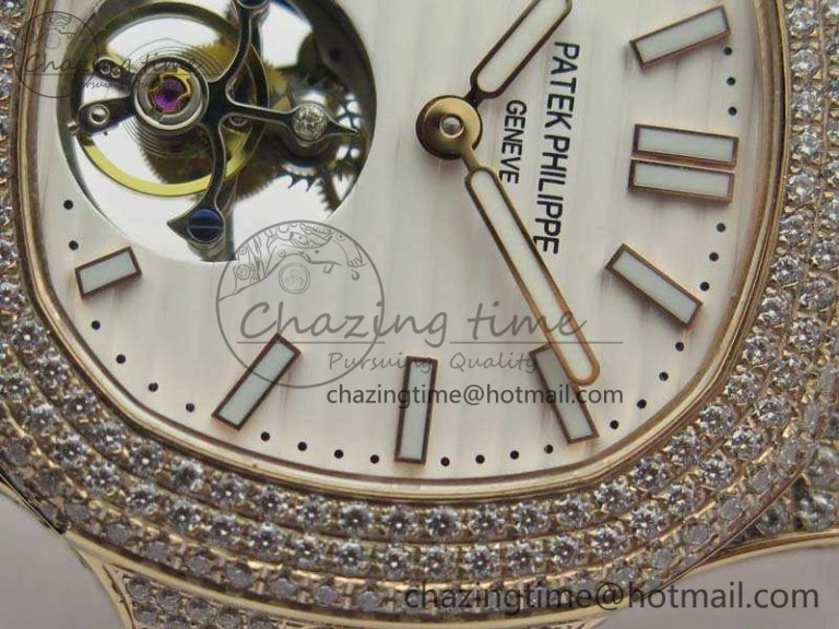 Nautilus Jumbo 5711 Tourbillon RG Full Paved Diamonds White Dial On Brown Croc Leather Strap