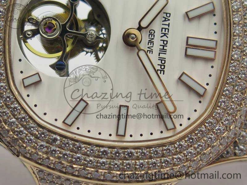Nautilus Jumbo 5711 Tourbillon RG Full Paved Diamonds White Dial On Brown Croc Leather Strap
