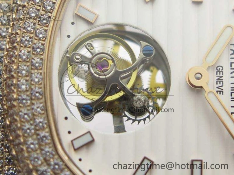 Nautilus Jumbo 5711 Tourbillon RG Full Paved Diamonds White Dial On Brown Croc Leather Strap