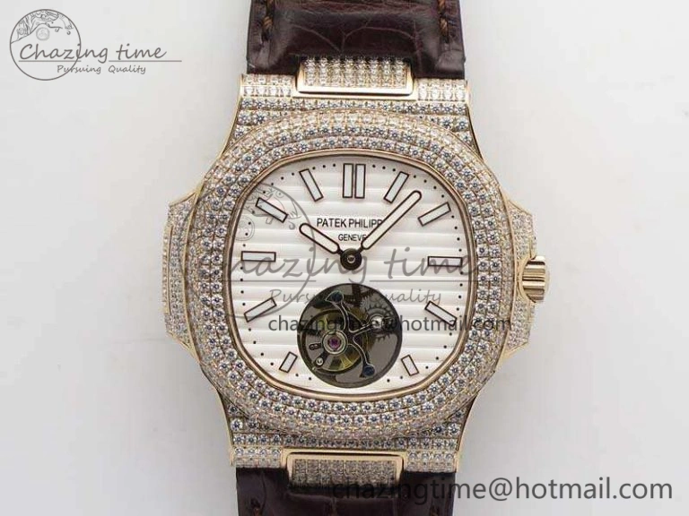 Nautilus Jumbo 5711 Tourbillon RG Full Paved Diamonds White Dial On Brown Croc Leather Strap