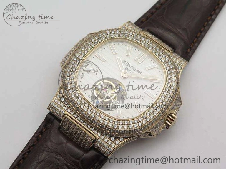 Nautilus Jumbo 5711 Tourbillon RG Full Paved Diamonds White Dial On Brown Croc Leather Strap