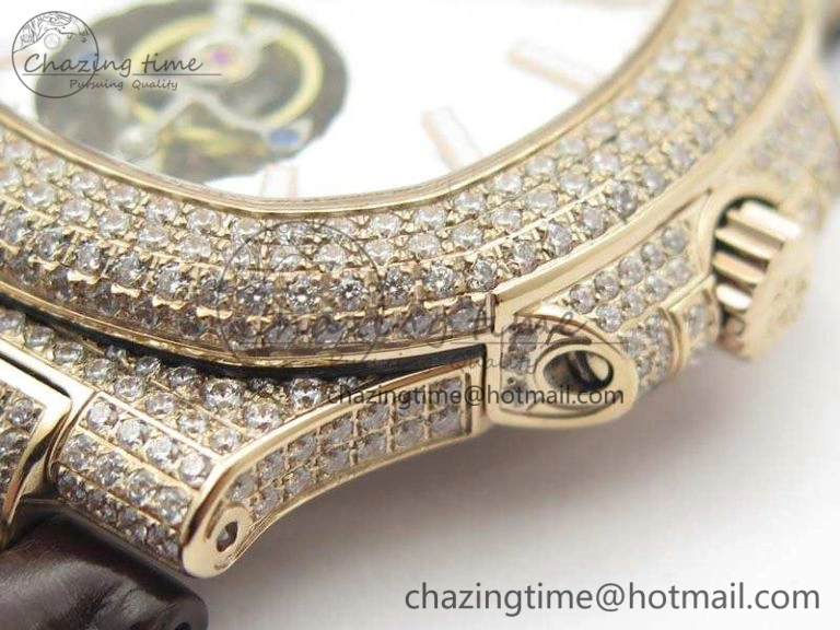 Nautilus Jumbo 5711 Tourbillon RG Full Paved Diamonds White Dial On Brown Croc Leather Strap