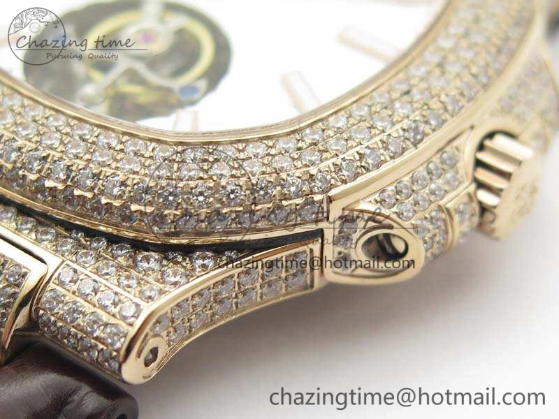 Nautilus Jumbo 5711 Tourbillon RG Full Paved Diamonds White Dial On Brown Croc Leather Strap