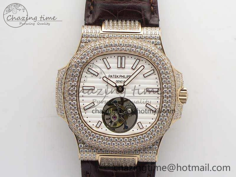 Nautilus Jumbo 5711 Tourbillon RG Full Paved Diamonds White Dial On Brown Croc Leather Strap