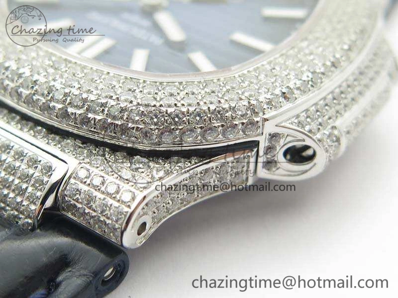 Nautilus Jumbo 5711 Tourbillon SS Full Paved Diamonds Blue Dial On Blue Croc Leather Strap