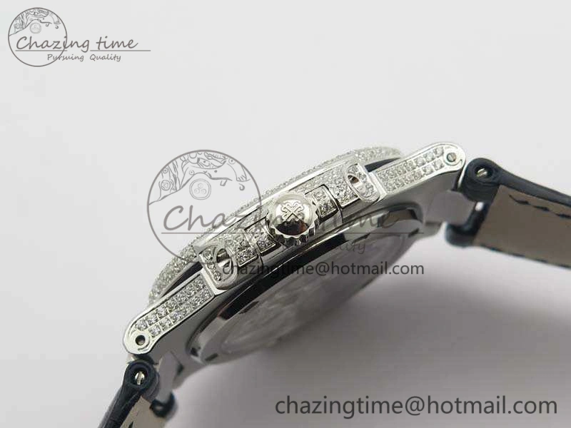 Nautilus Jumbo 5711 Tourbillon SS Full Paved Diamonds Blue Dial On Blue Croc Leather Strap