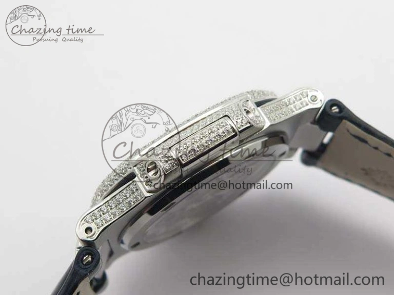 Nautilus Jumbo 5711 Tourbillon SS Full Paved Diamonds Blue Dial On Blue Croc Leather Strap