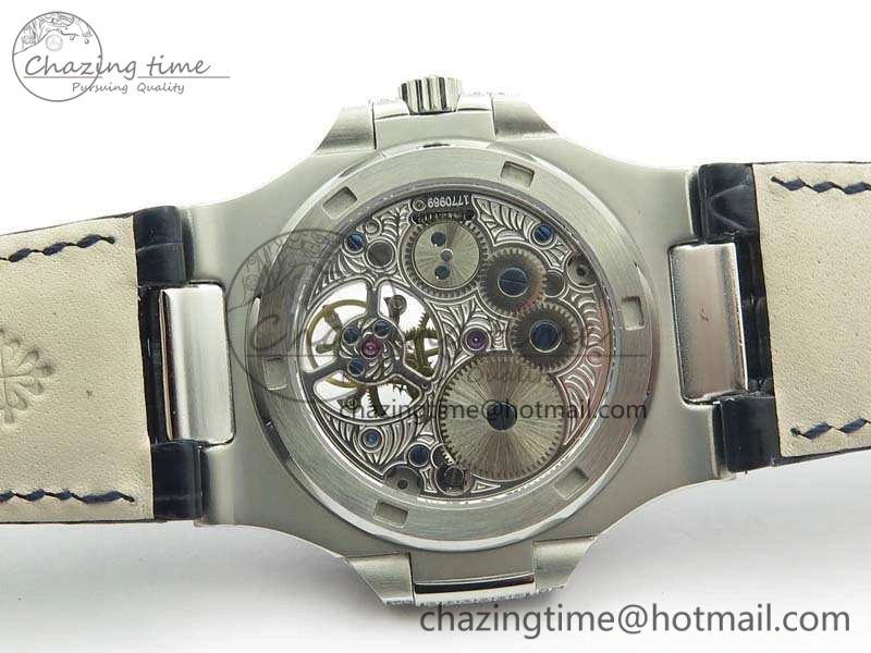 Nautilus Jumbo 5711 Tourbillon SS Full Paved Diamonds Blue Dial On Blue Croc Leather Strap