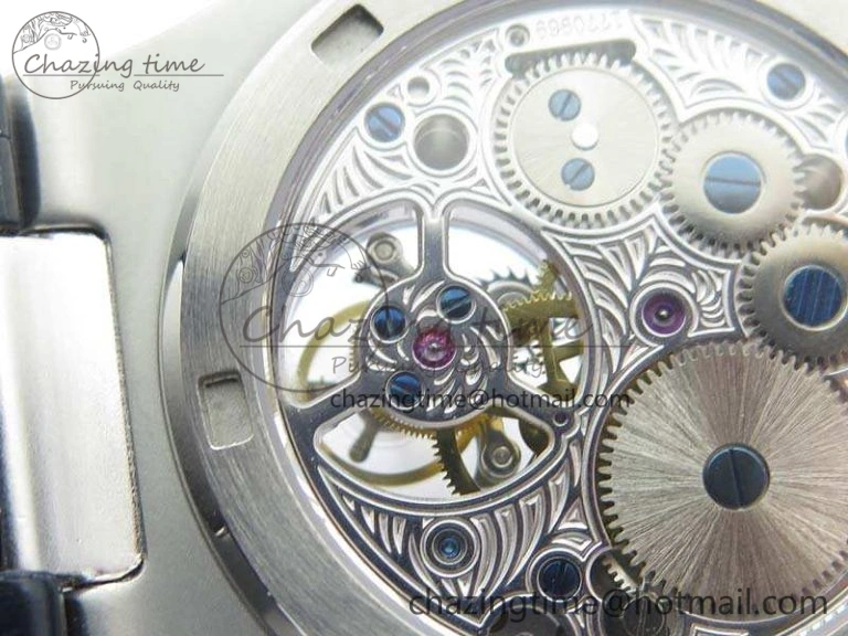 Nautilus Jumbo 5711 Tourbillon SS Full Paved Diamonds Blue Dial On Blue Croc Leather Strap