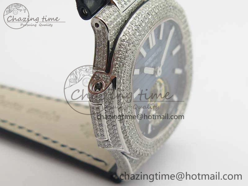 Nautilus Jumbo 5711 Tourbillon SS Full Paved Diamonds Blue Dial On Blue Croc Leather Strap