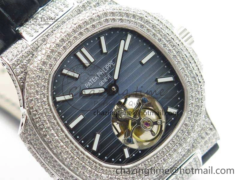 Nautilus Jumbo 5711 Tourbillon SS Full Paved Diamonds Blue Dial On Blue Croc Leather Strap