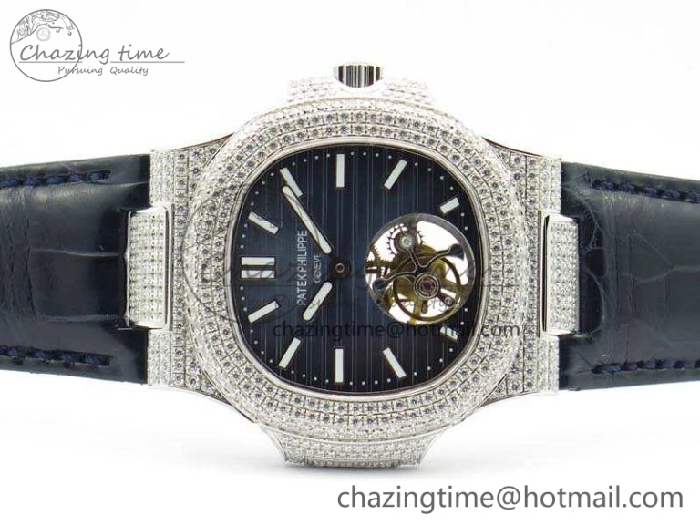 Nautilus Jumbo 5711 Tourbillon SS Full Paved Diamonds Blue Dial On Blue Croc Leather Strap