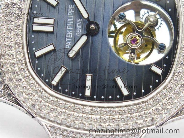 Nautilus Jumbo 5711 Tourbillon SS Full Paved Diamonds Blue Dial On Blue Croc Leather Strap