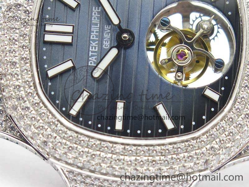 Nautilus Jumbo 5711 Tourbillon SS Full Paved Diamonds Blue Dial On Blue Croc Leather Strap