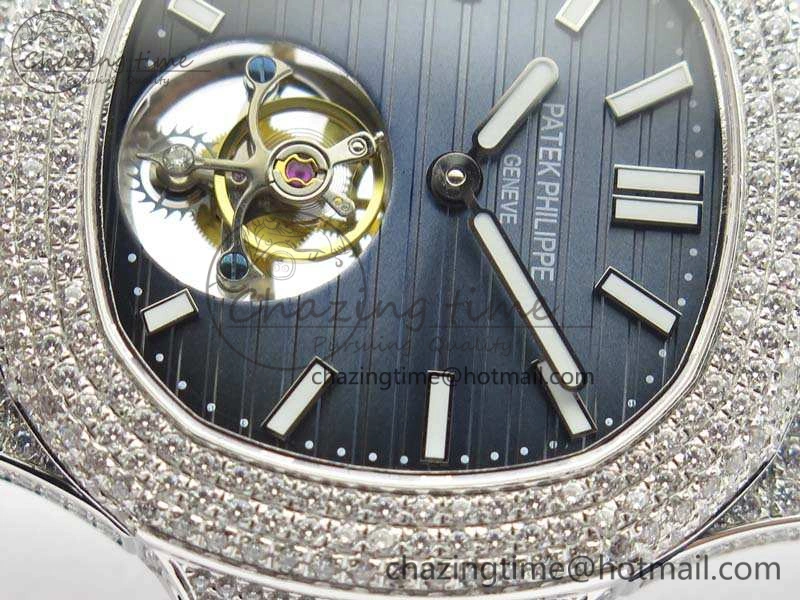 Nautilus Jumbo 5711 Tourbillon SS Full Paved Diamonds Blue Dial On Blue Croc Leather Strap