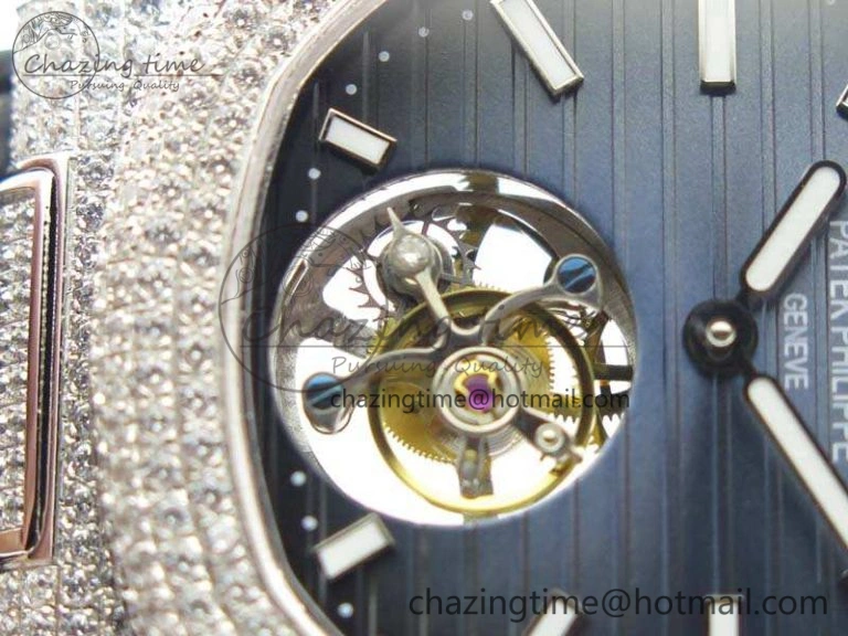 Nautilus Jumbo 5711 Tourbillon SS Full Paved Diamonds Blue Dial On Blue Croc Leather Strap