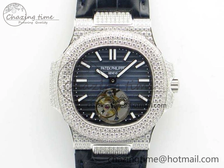 Nautilus Jumbo 5711 Tourbillon SS Full Paved Diamonds Blue Dial On Blue Croc Leather Strap