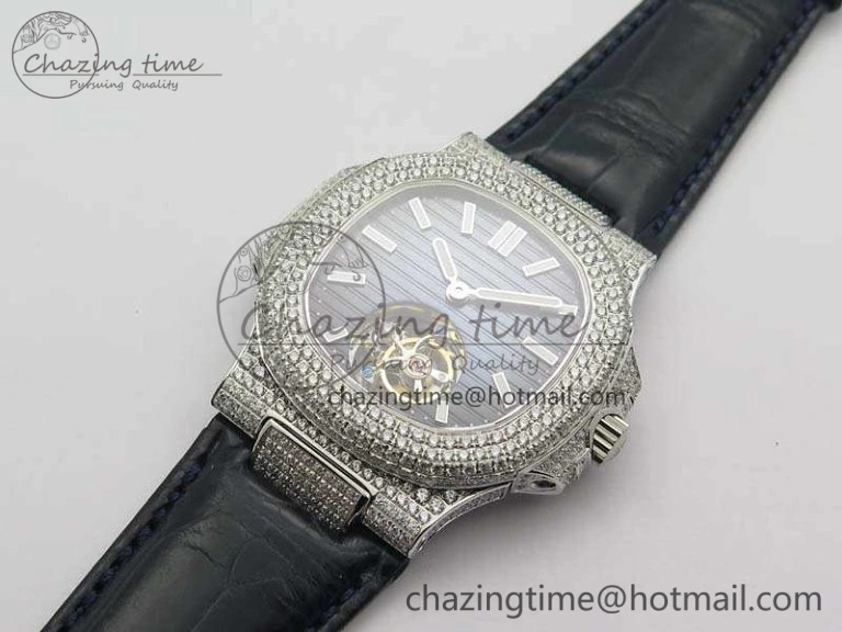 Nautilus Jumbo 5711 Tourbillon SS Full Paved Diamonds Blue Dial On Blue Croc Leather Strap