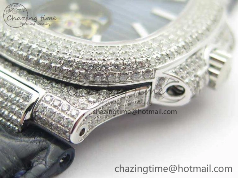 Nautilus Jumbo 5711 Tourbillon SS Full Paved Diamonds Blue Dial On Blue Croc Leather Strap