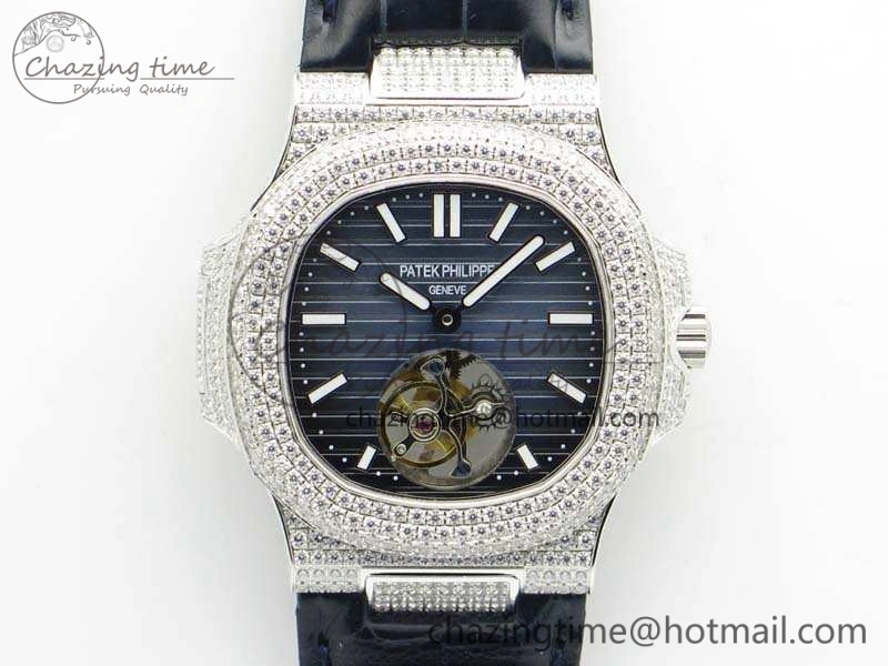Nautilus Jumbo 5711 Tourbillon SS Full Paved Diamonds Blue Dial On Blue Croc Leather Strap