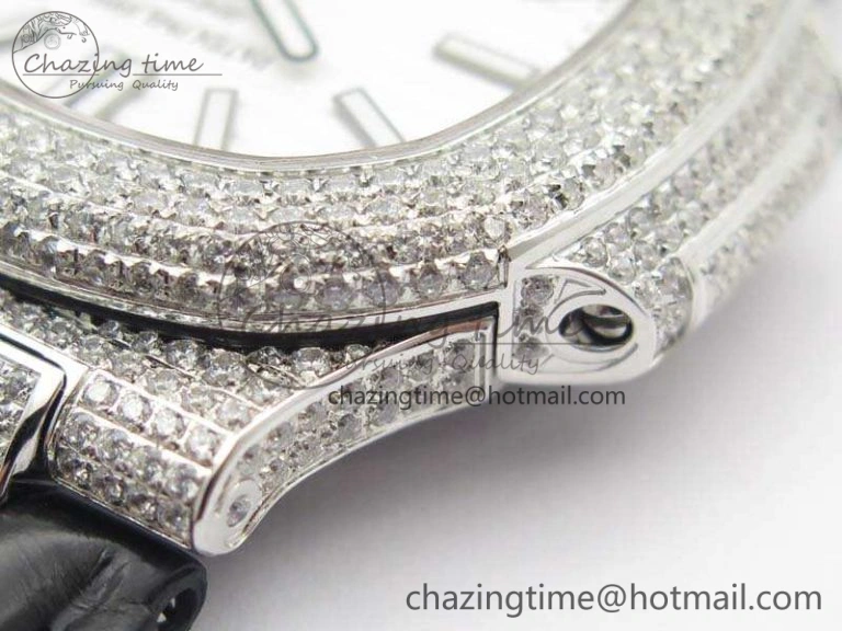 Nautilus Jumbo 5711 Tourbillon SS Full Paved Diamonds White Dial On Black Croc Leather Strap