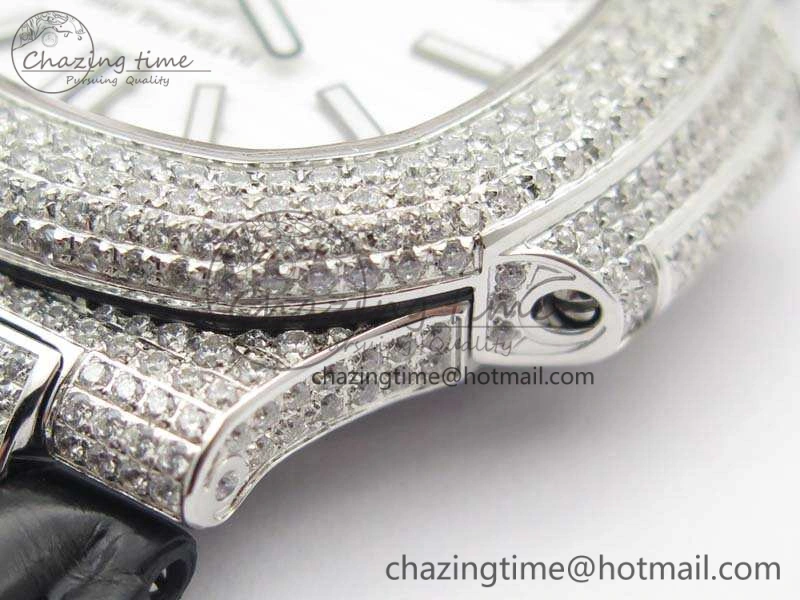 Nautilus Jumbo 5711 Tourbillon SS Full Paved Diamonds White Dial On Black Croc Leather Strap