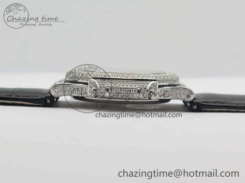Nautilus Jumbo 5711 Tourbillon SS Full Paved Diamonds White Dial On Black Croc Leather Strap