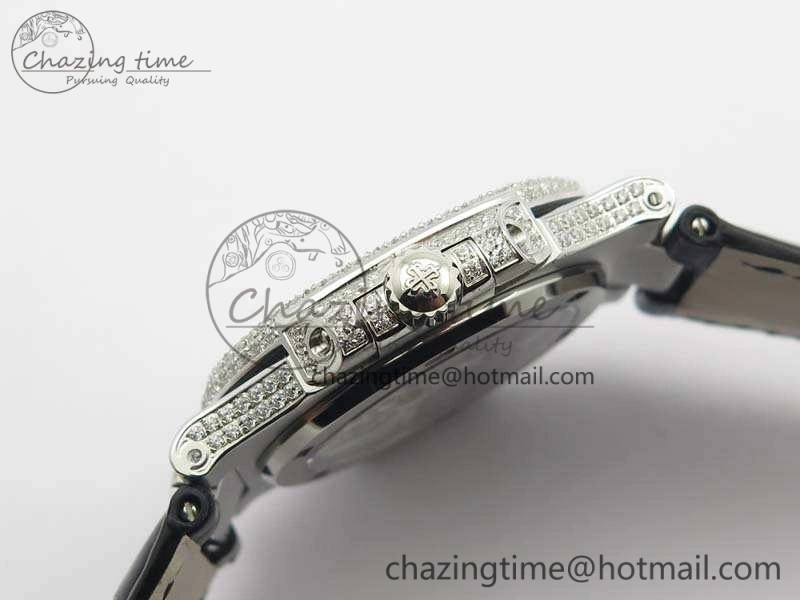 Nautilus Jumbo 5711 Tourbillon SS Full Paved Diamonds White Dial On Black Croc Leather Strap