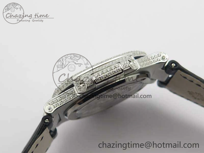 Nautilus Jumbo 5711 Tourbillon SS Full Paved Diamonds White Dial On Black Croc Leather Strap