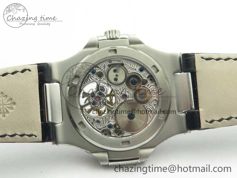 Nautilus Jumbo 5711 Tourbillon SS Full Paved Diamonds White Dial On Black Croc Leather Strap