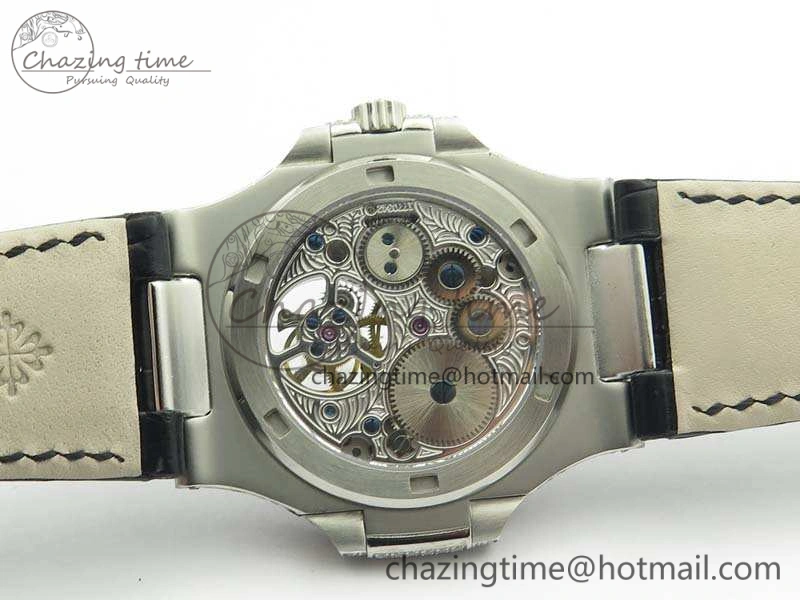 Nautilus Jumbo 5711 Tourbillon SS Full Paved Diamonds White Dial On Black Croc Leather Strap