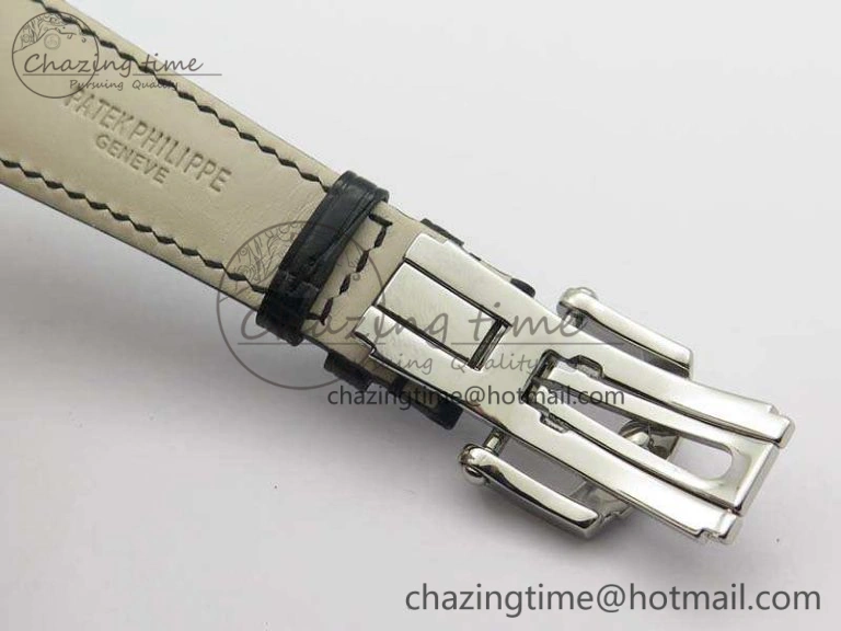 Nautilus Jumbo 5711 Tourbillon SS Full Paved Diamonds White Dial On Black Croc Leather Strap