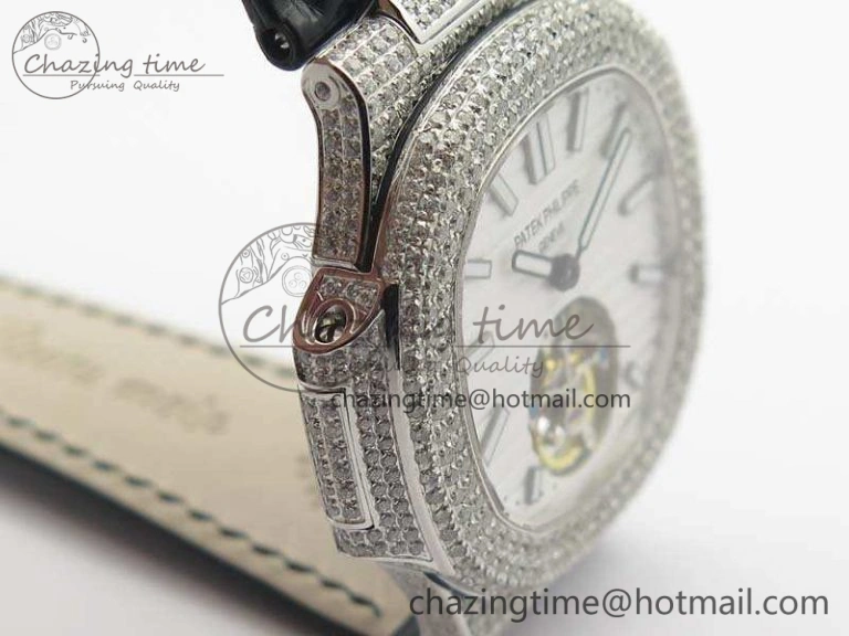 Nautilus Jumbo 5711 Tourbillon SS Full Paved Diamonds White Dial On Black Croc Leather Strap