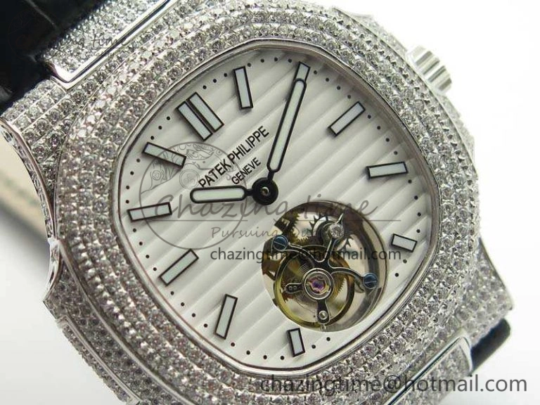 Nautilus Jumbo 5711 Tourbillon SS Full Paved Diamonds White Dial On Black Croc Leather Strap