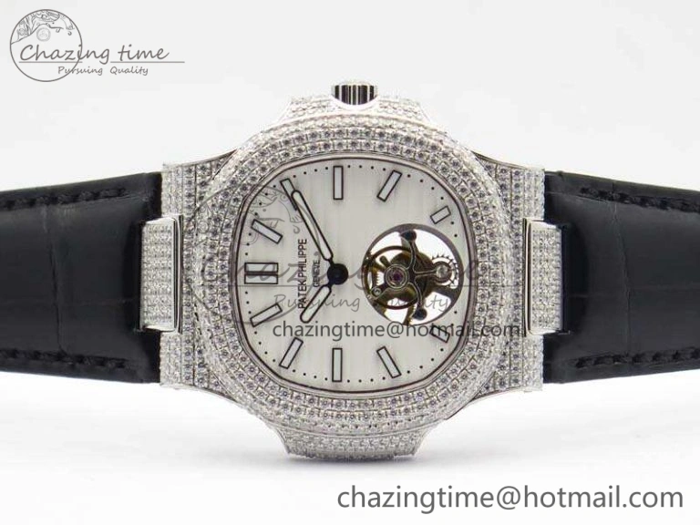 Nautilus Jumbo 5711 Tourbillon SS Full Paved Diamonds White Dial On Black Croc Leather Strap