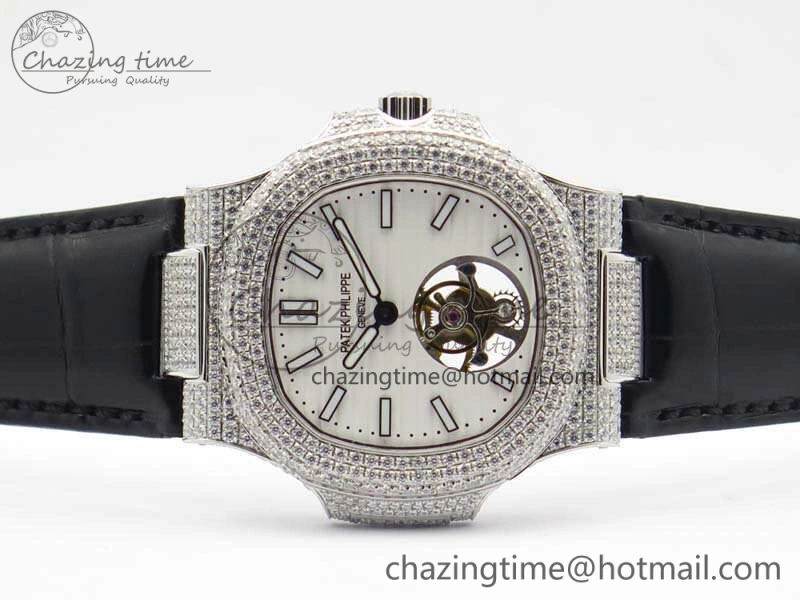 Nautilus Jumbo 5711 Tourbillon SS Full Paved Diamonds White Dial On Black Croc Leather Strap
