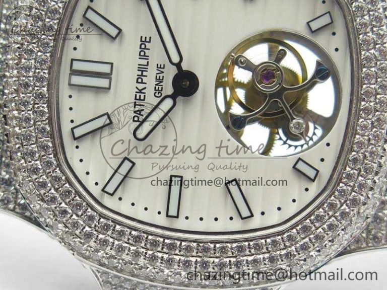 Nautilus Jumbo 5711 Tourbillon SS Full Paved Diamonds White Dial On Black Croc Leather Strap
