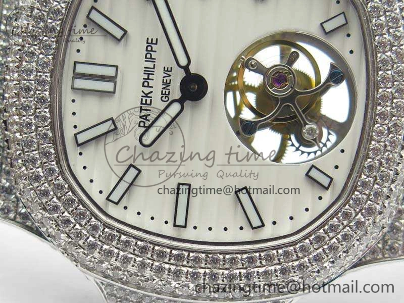 Nautilus Jumbo 5711 Tourbillon SS Full Paved Diamonds White Dial On Black Croc Leather Strap
