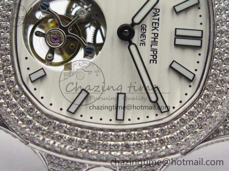 Nautilus Jumbo 5711 Tourbillon SS Full Paved Diamonds White Dial On Black Croc Leather Strap