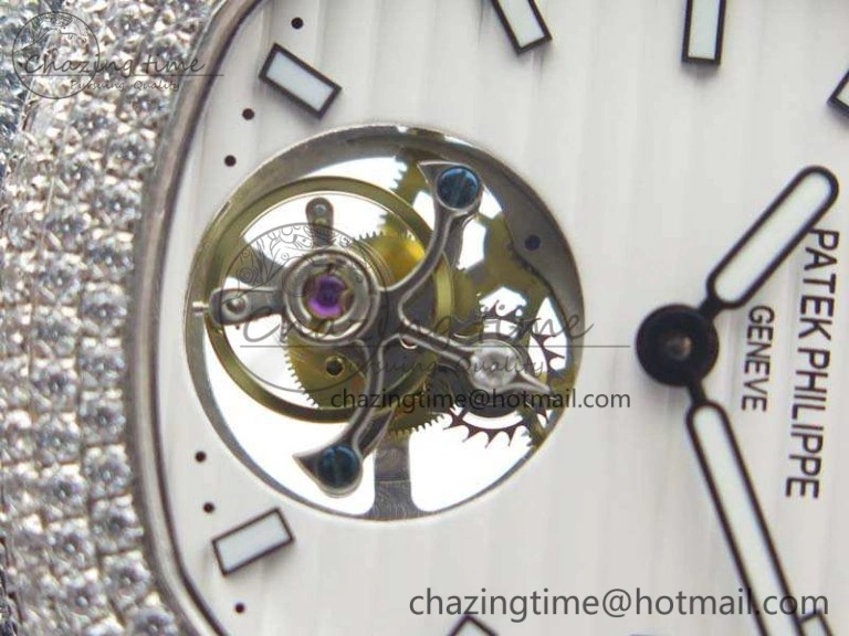 Nautilus Jumbo 5711 Tourbillon SS Full Paved Diamonds White Dial On Black Croc Leather Strap